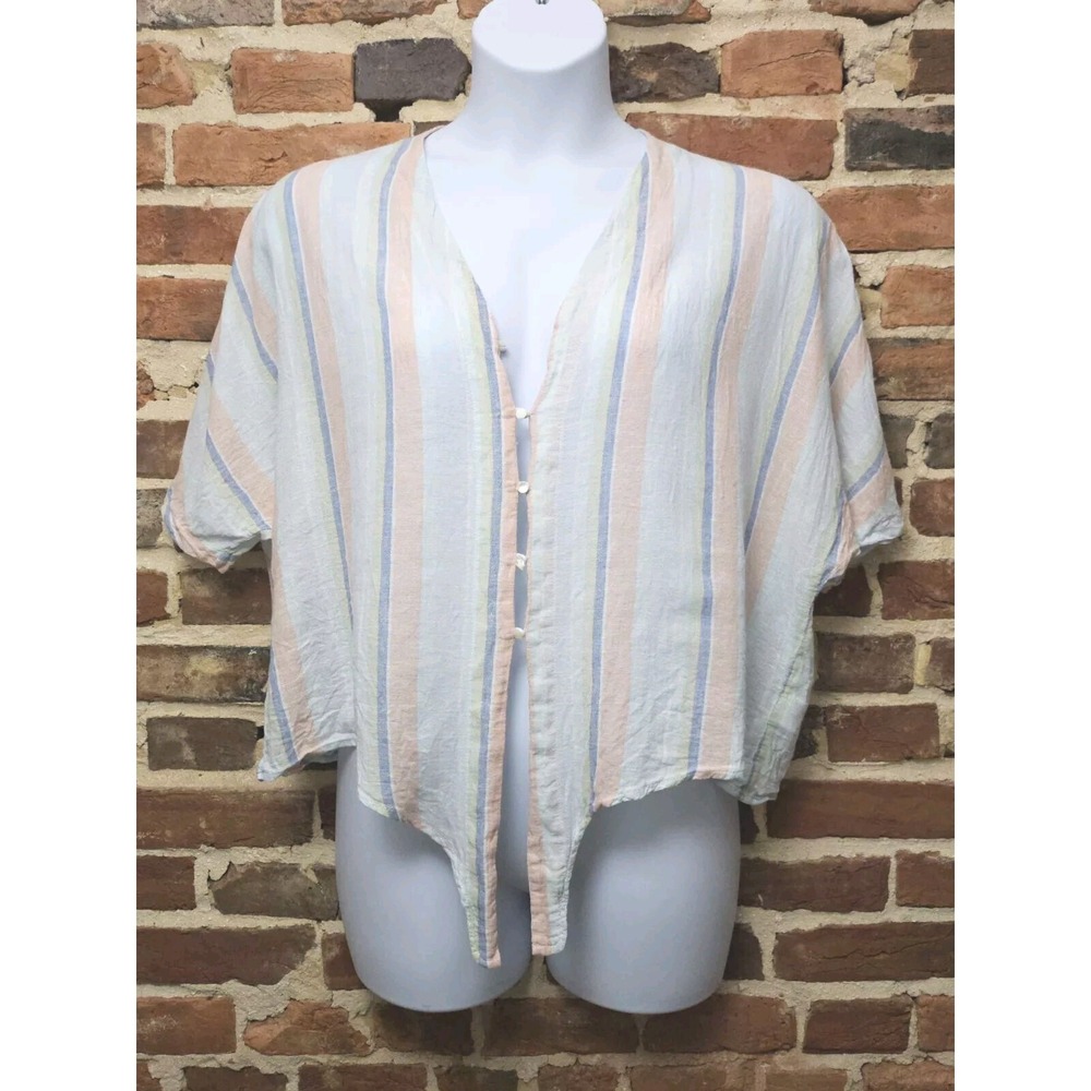 Rails‎ Shirt Women's Blue Thea Linen V-Neck Striped Top Size Large Linen Rayon